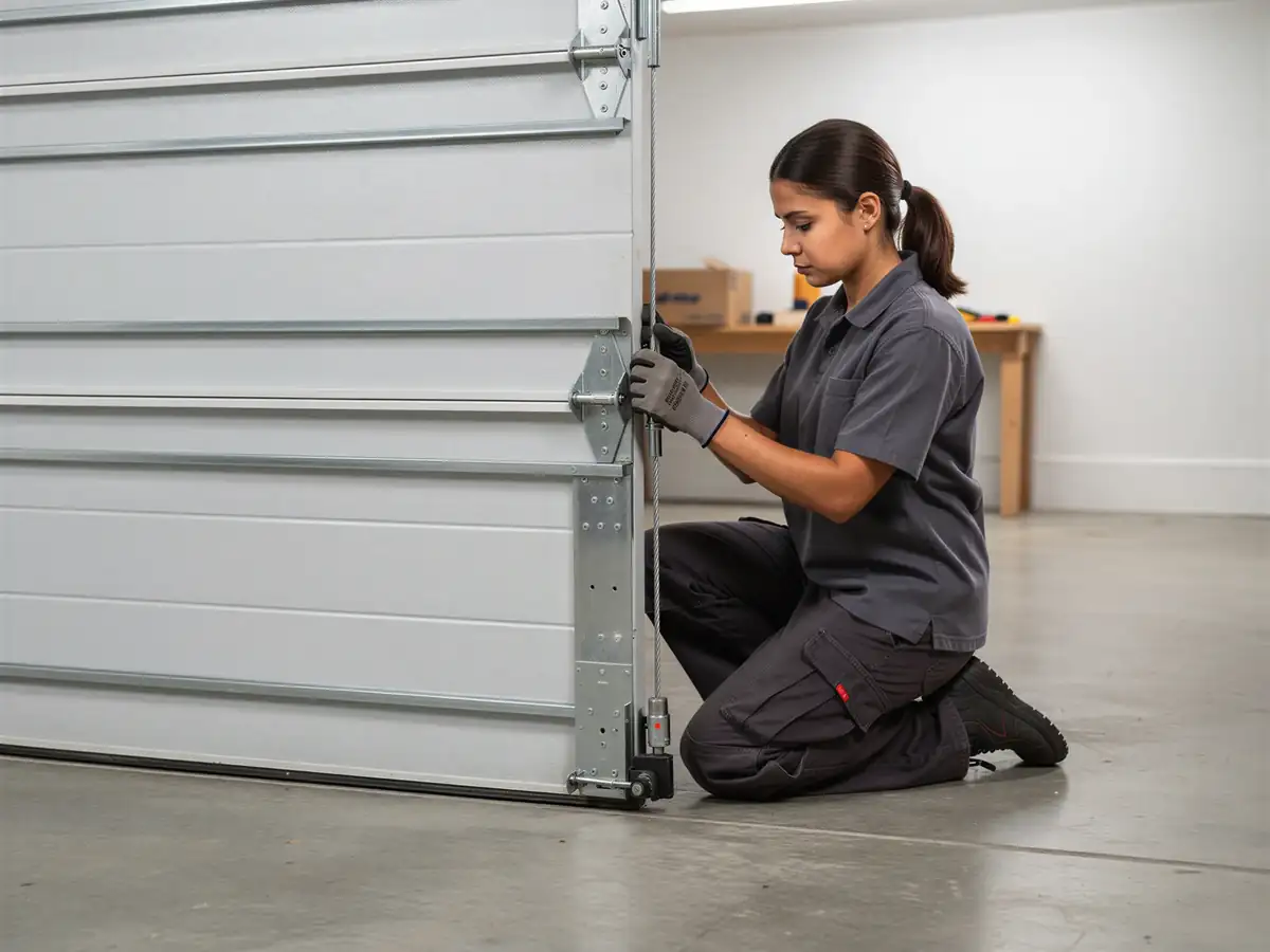 A technician kneels while working on the bottom of a white garage door.