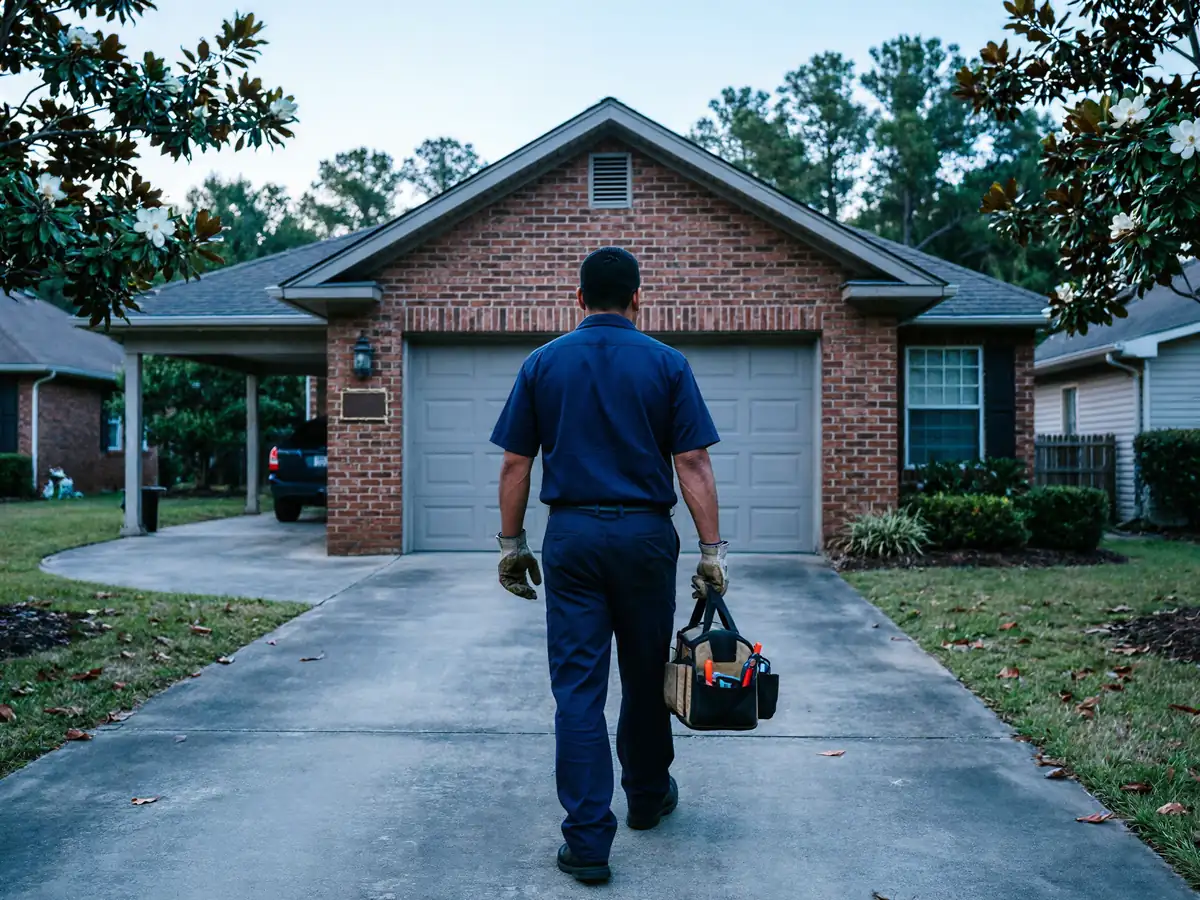 A technician in a blue uniform walks toward a brick house with a garage.