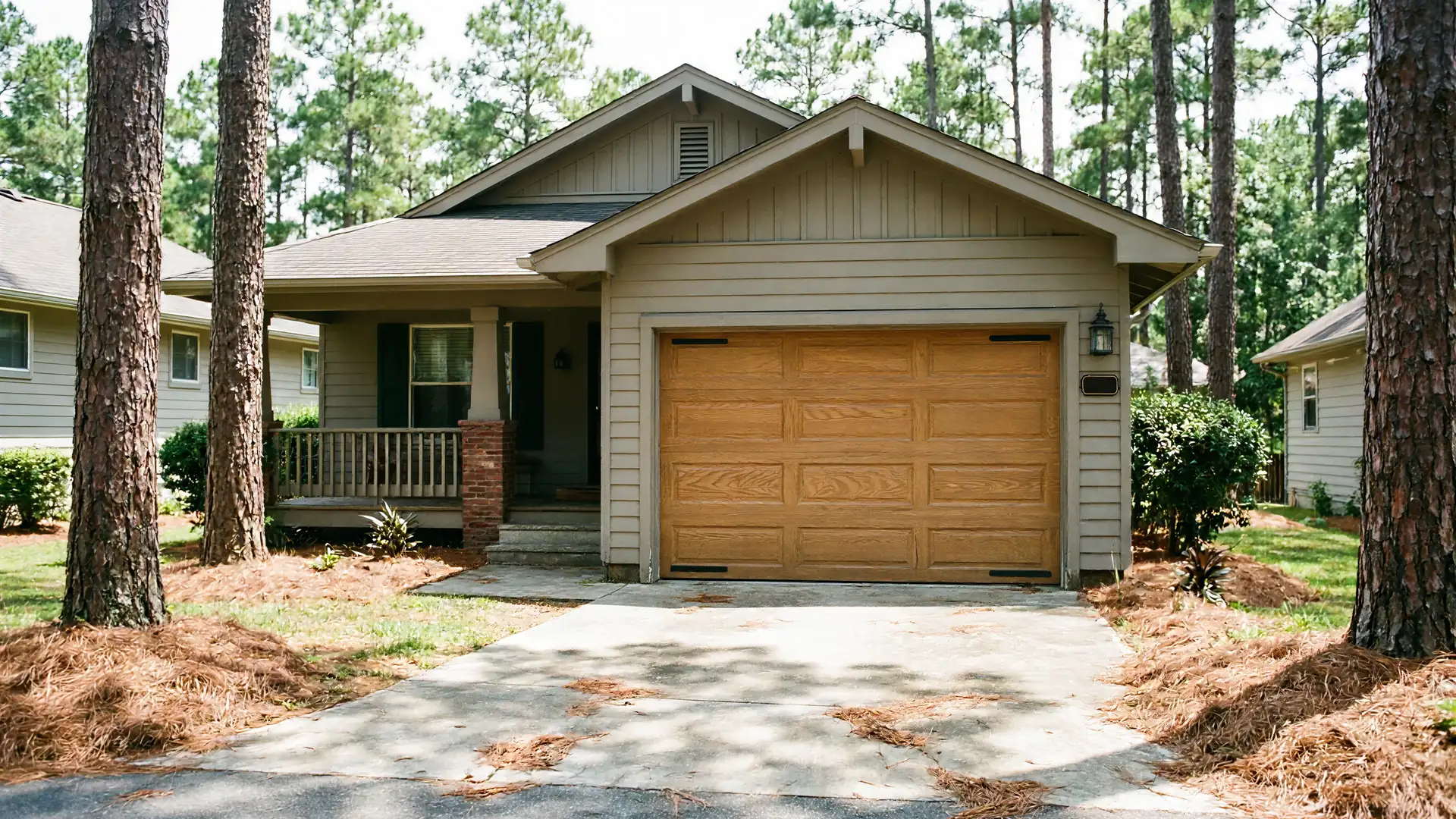 A light brown house with a wood-paneled garage door and a front porch.
