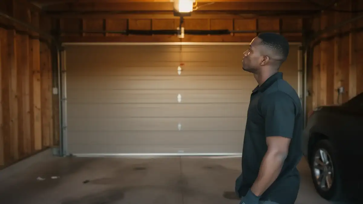 A technician in a black shirt looks up at a closed garage door.