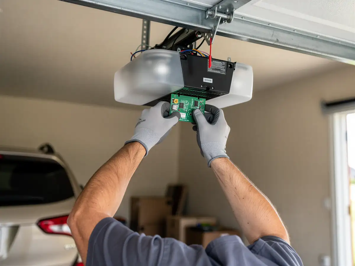 A technician installs a circuit board into a garage door opener.